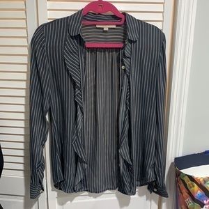 LOFT Gray & white striped ruffle button up blouse